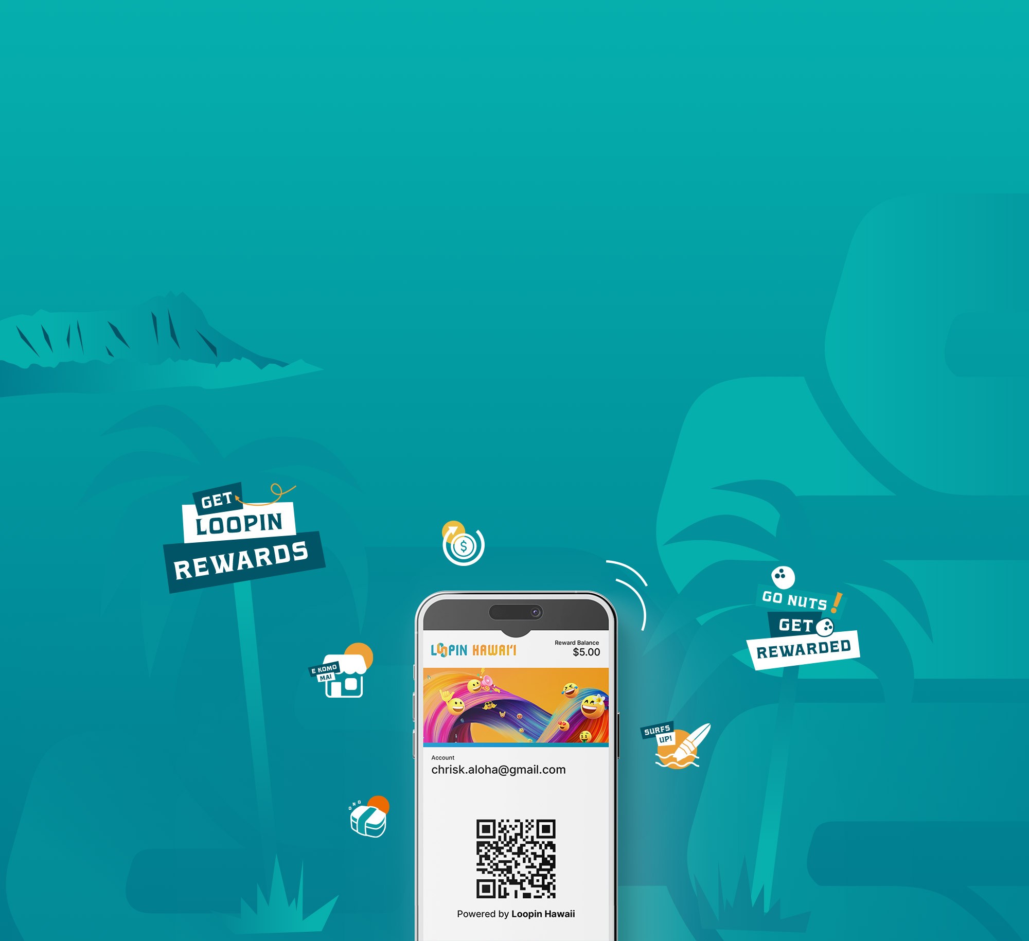 Loopin Hawai'i loyalty app on a smartphone with colorful reward badges